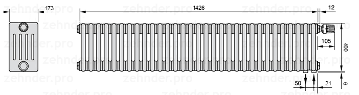 Схема (чертеж) Радиатор Zehnder Charleston 5040/31 №V002 Белый глянцевый RAL 9016